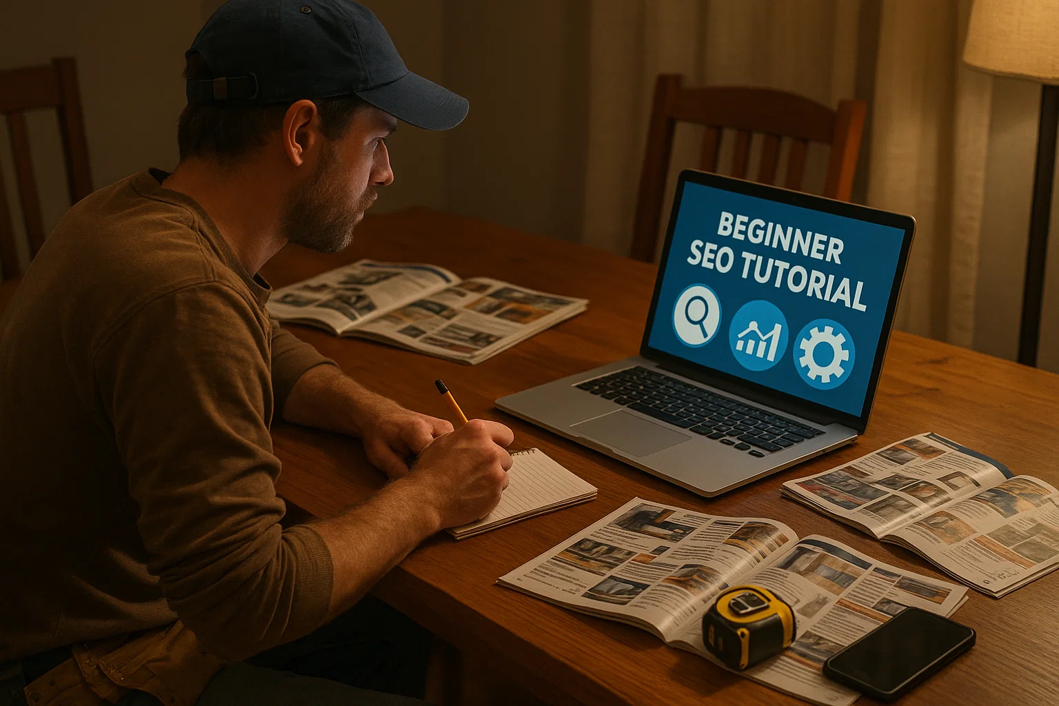 Tradesperson learning how to start SEO for their business at home.