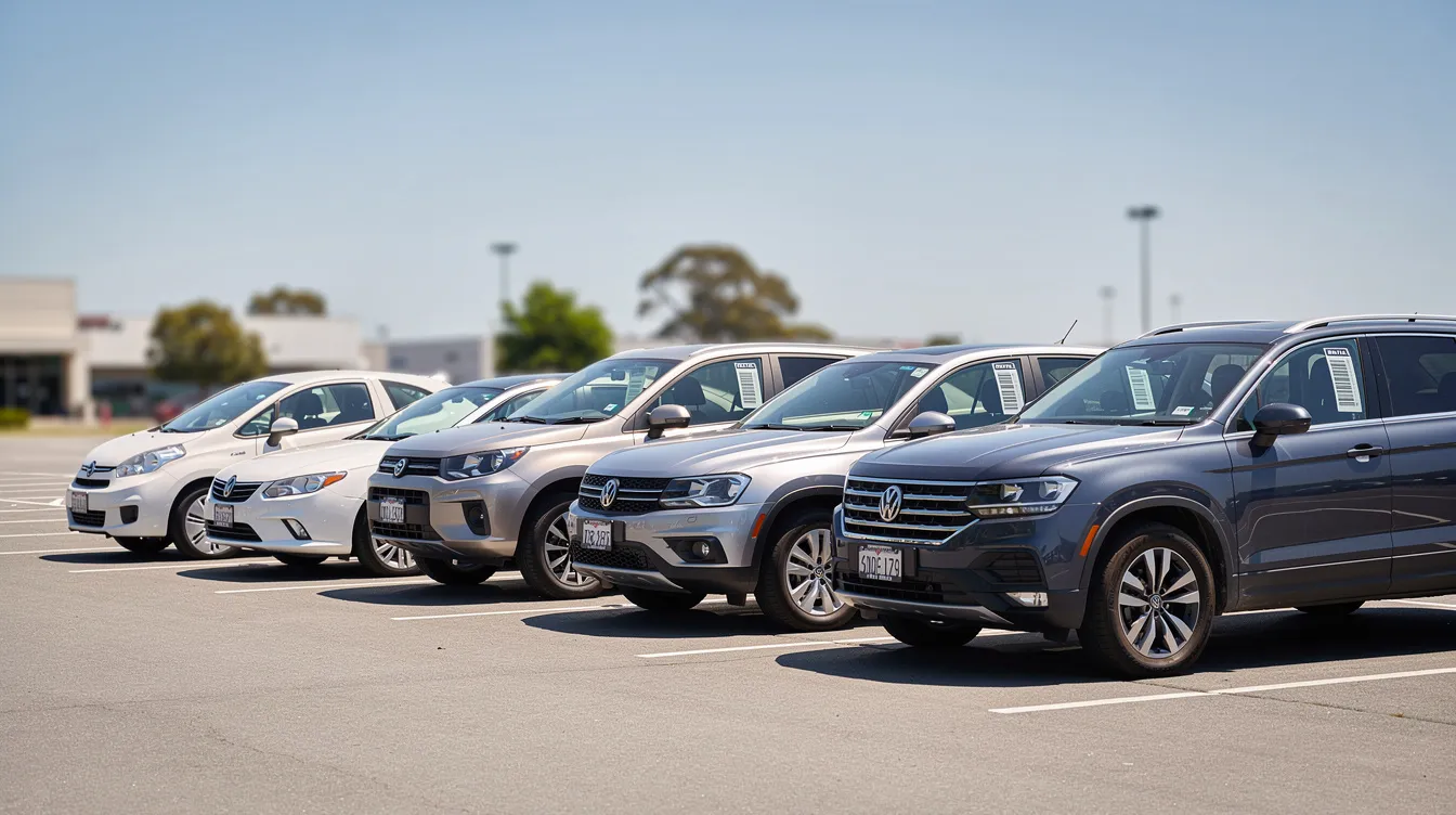 A row of various rental cars is parked in a sunlit parking lot, showcasing options from compact cars to larger SUVs, ideal for travelers looking to rent a car in Casablanca, Morocco. The scene reflects the diversity of vehicle categories available for those planning a Moroccan adventure.