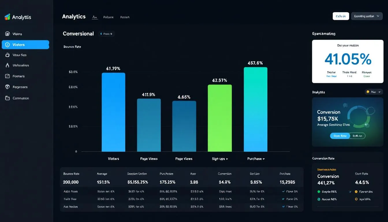 The image depicts an analytics dashboard illustrating a website conversion funnel, where visitor numbers decline at each stage, highlighting the challenge of converting website visitors into paying customers. This visual emphasizes the importance of understanding user behavior and implementing effective lead capture strategies to boost conversions and improve the customer journey.