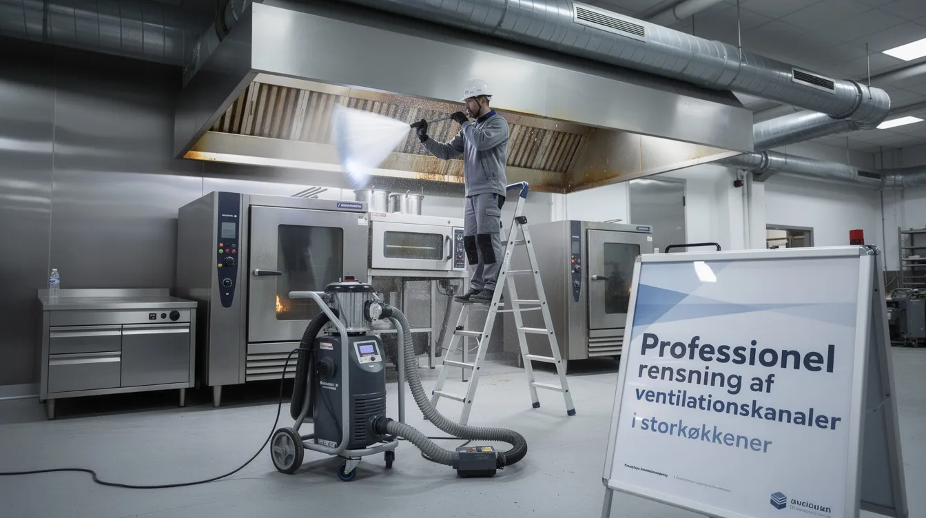 Billedet viser specialister, der udfører professionel rensning af ventilationskanaler i et storkøkken med avanceret udstyr. Dette sikrer bedre udsugning og et forbedret indeklima ved effektivt at fjerne snavs og fedt fra alle dele af ventilationsanlægget.
