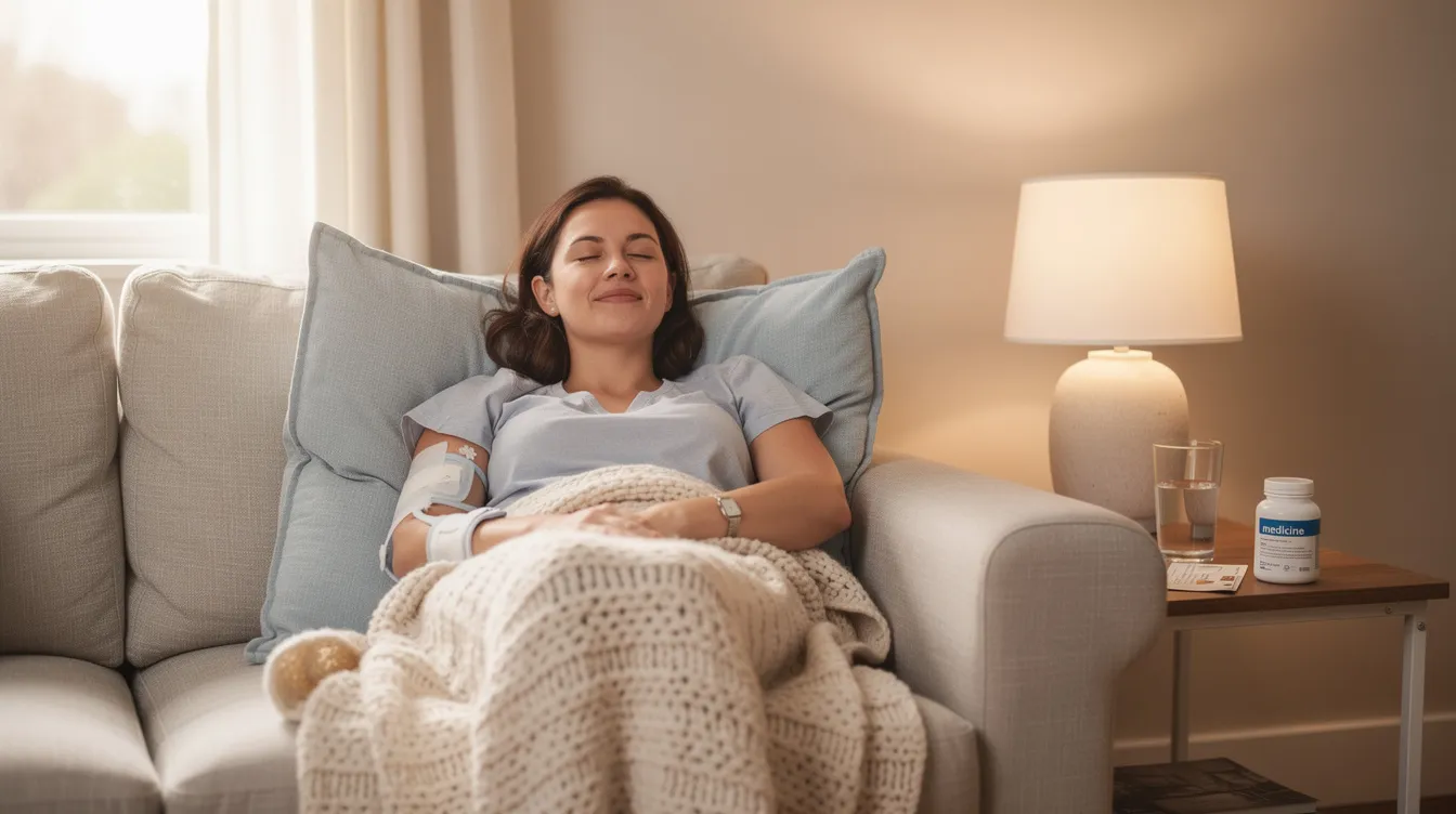 The image depicts a person resting comfortably on a couch, surrounded by pillows and a blanket, suggesting a phase of recovery after a surgical procedure like a tummy tuck or panniculectomy. Their relaxed posture indicates a focus on healing, possibly from muscle tightening and removal of excess skin in the abdominal area.
