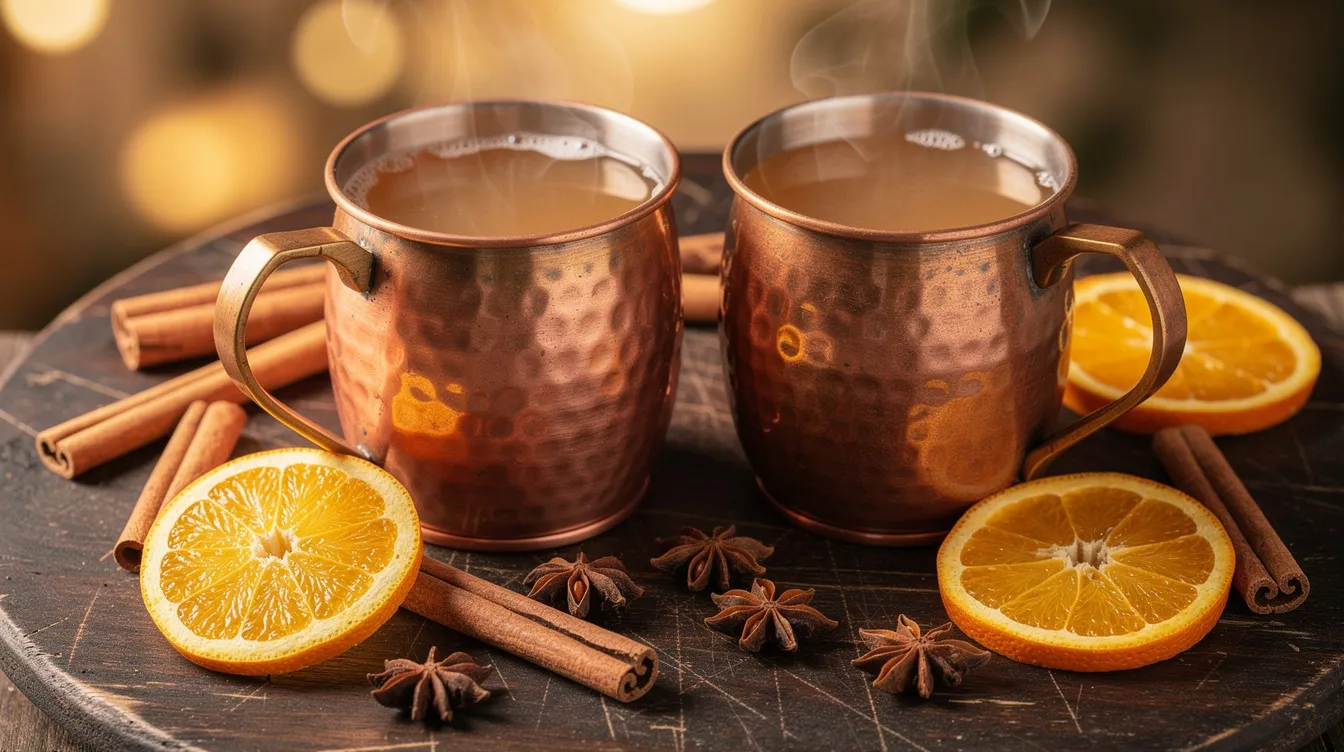 Two copper mugs filled with warm apple cider sit on a rustic wooden board, surrounded by fragrant cinnamon sticks, fresh orange slices, and star anise, creating a cozy atmosphere perfect for a fall get-together. The inviting scene captures the essence of a drink bar offering delicious homemade cider recipes.