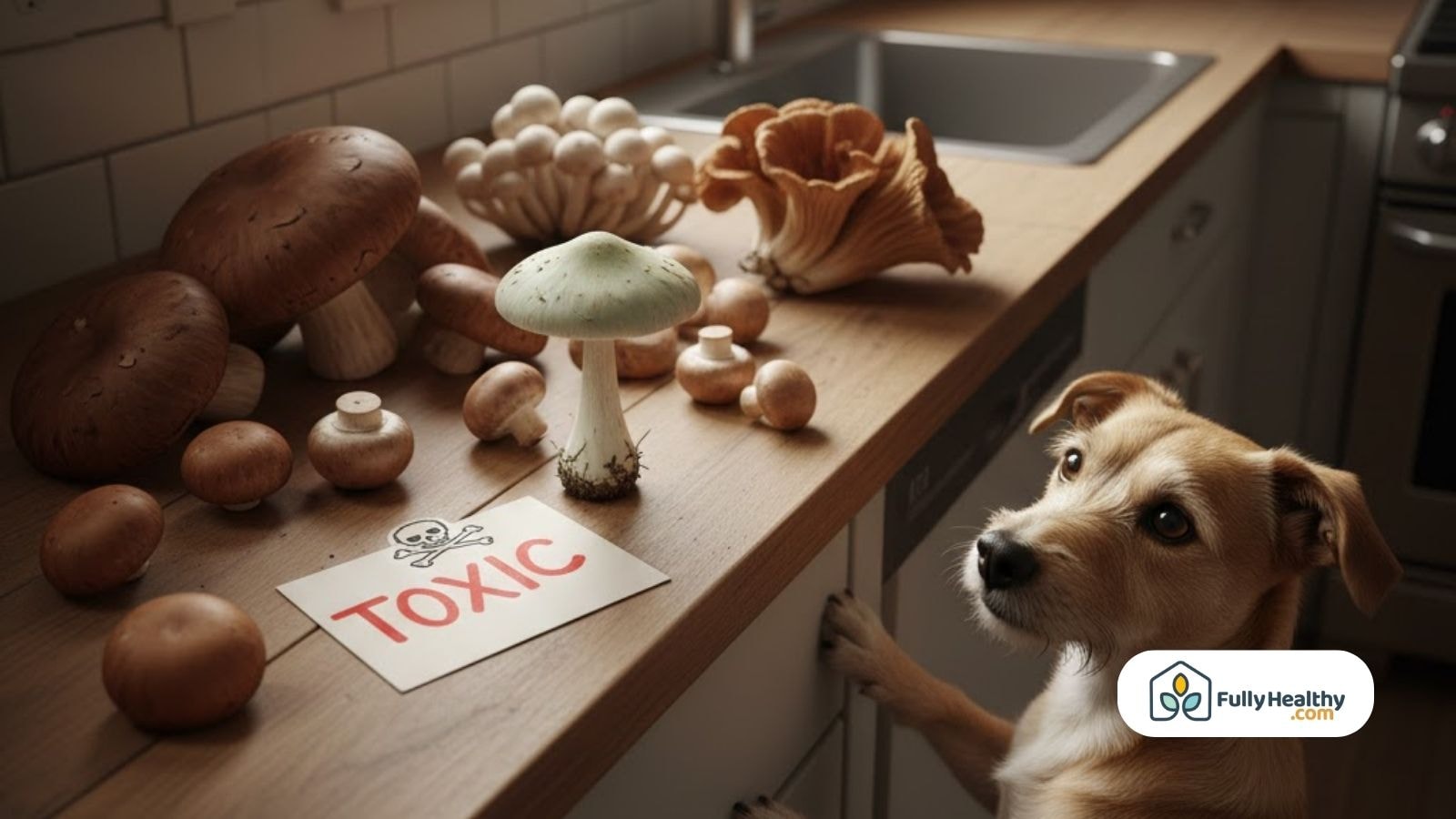 Small dog looking at toxic mushrooms on kitchen counter marked dangerous