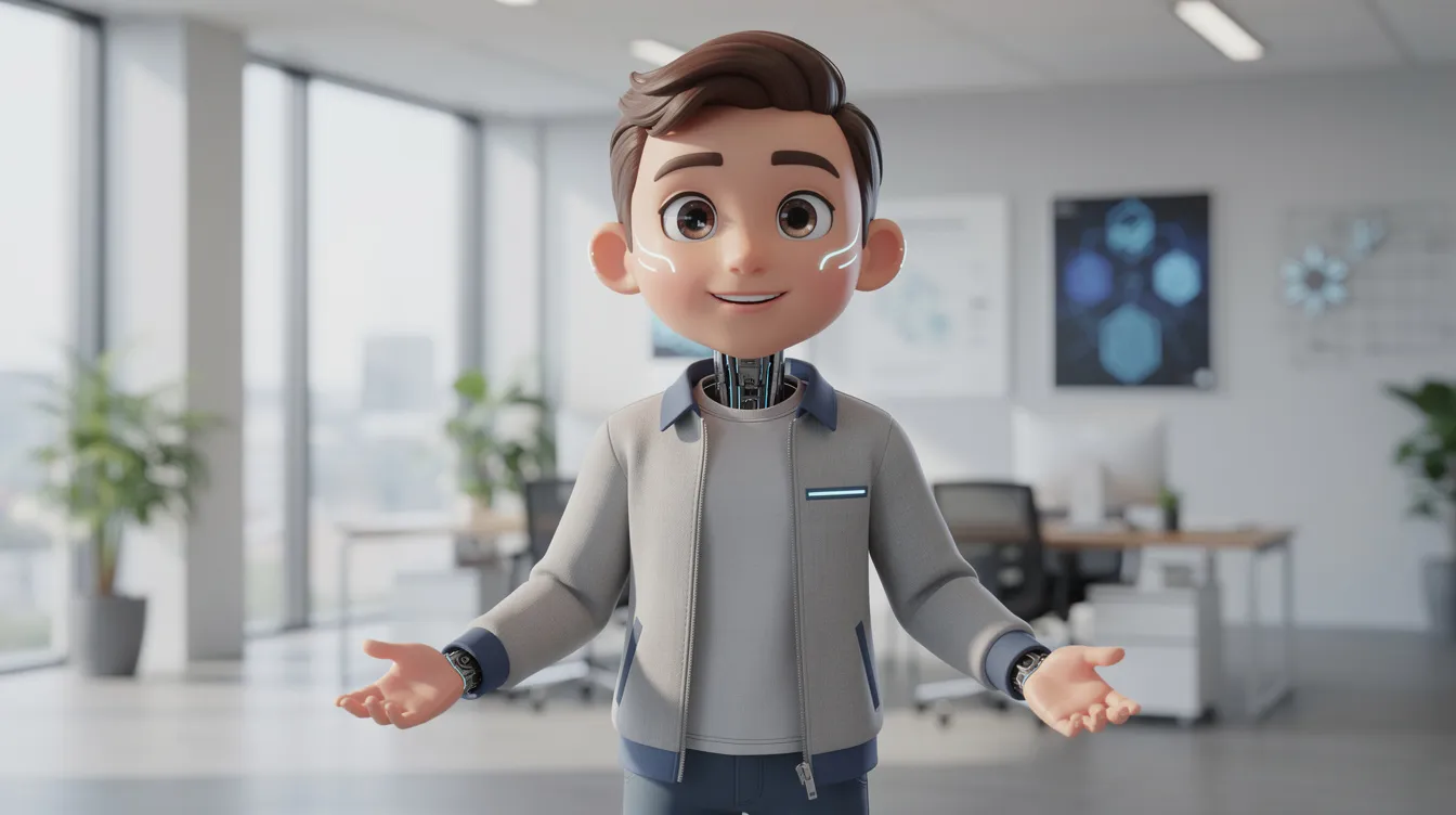 Ein freundlicher animierter KI-Avatar steht in einer modernen Büroumgebung und vermittelt eine Botschaft über die Vorteile von KI-gestützten Erklärvideos für Unternehmen. Der Avatar ist in einem professionellen Stil gehalten und umgeben von verschiedenen Büroelementen, die eine einladende Atmosphäre schaffen.