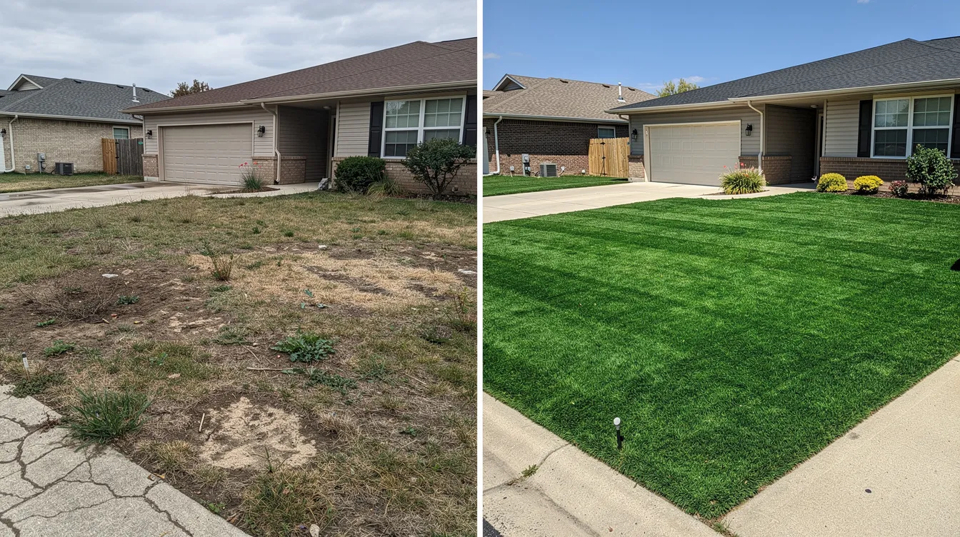 The image shows a side-by-side comparison of a damaged lawn with bare patches and dead grass on one side, and a lush green lawn on the other, showcasing the successful lawn repair process. The renovated lawn features healthy grass growth achieved through overseeding with the same grass seed mix, resulting in a vibrant outdoor space.