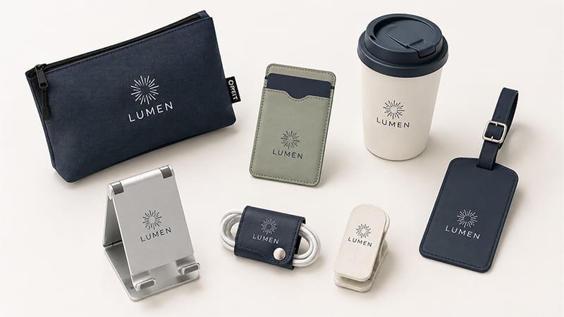 Coordinated client gift set with a zip pouch, card holder, reusable cup, phone stand, cable organizer, bag hook, and luggage tag