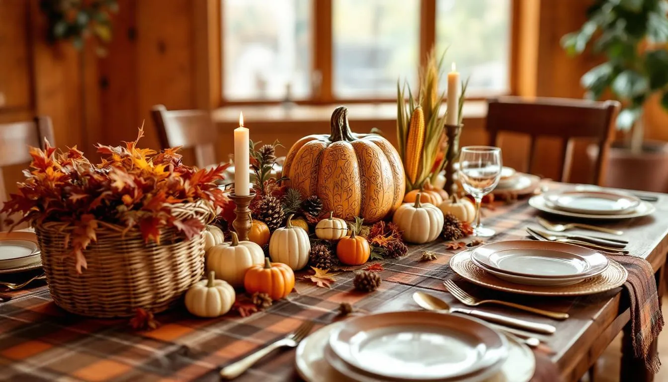 The image showcases a beautifully decorated indoor space for Thanksgiving that doesn't break the bank,, thanksgiving decor for every budget. Decorated for the fall season. Read the name cards at each place setting