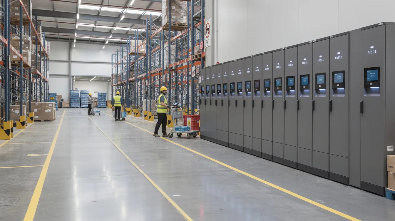 The image shows a wide-angle view of a warehouse staging area featuring several smart locker banks installed along a wall, designed for secure storage and efficient asset management. These smart locker solutions enhance operational efficiency by automating the check-in and drop-off processes for shared equipment, providing authorized users with secure access through mobile app integration and pin-based access controls.
