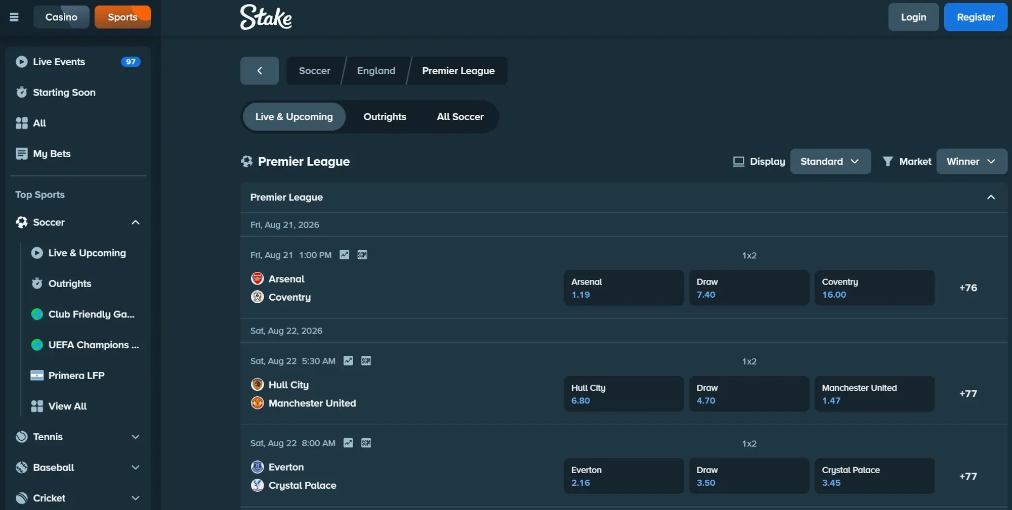 A screenshot of Stake displaying Premier League odds