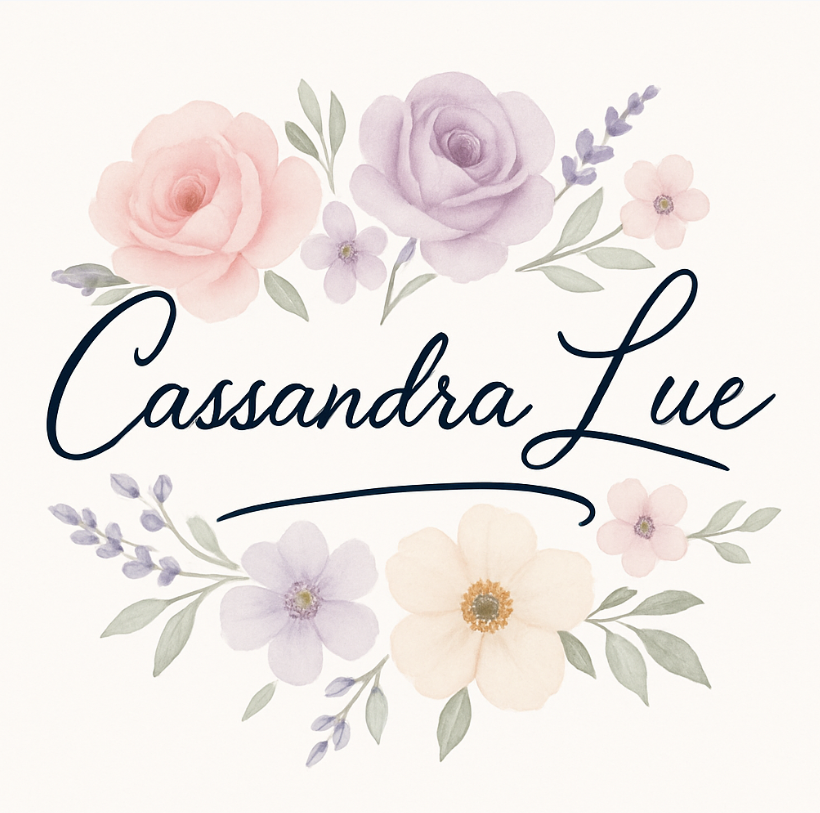 “Cassandra Lue” in elegant script, surrounded by watercolor-style flowers in soft pastel colors.