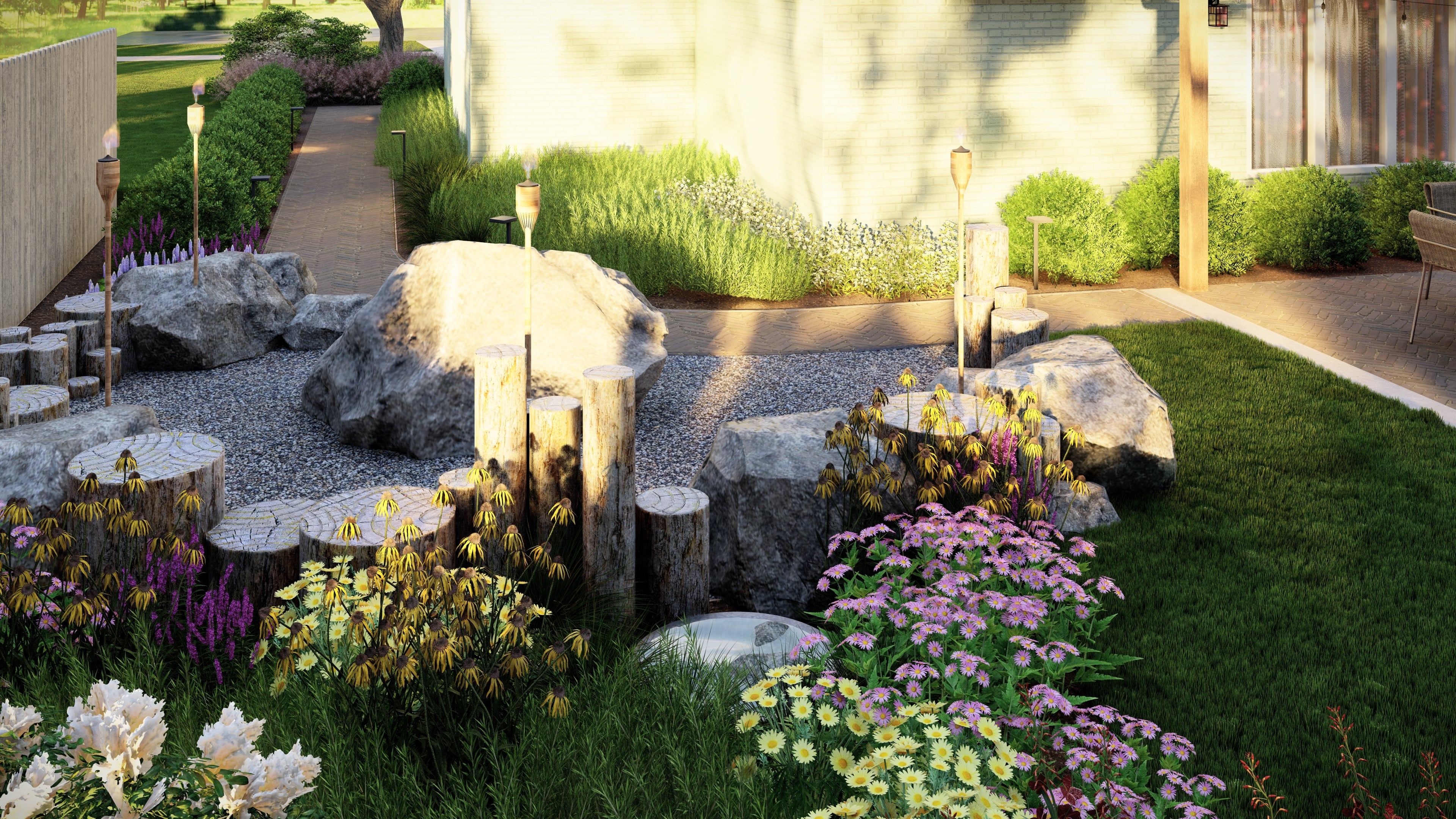 a diy backyard projects including a puddling station like this one surrounded by flowers and logs