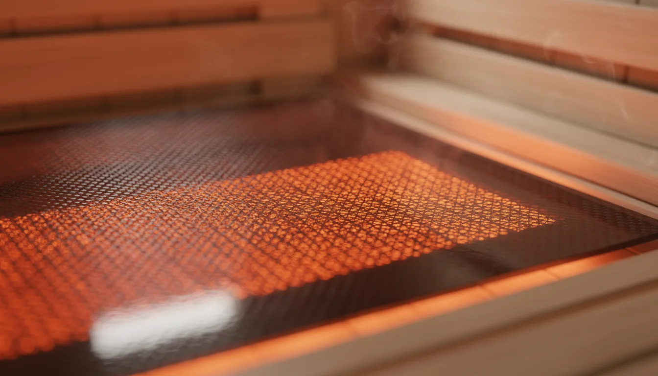 The image features a close-up view of glowing carbon fiber infrared heating panels inside an infrared sauna, showcasing their sleek design and energy-efficient heating technology. These infrared panels emit radiant heat that directly warms the body, providing a comfortable sauna experience while promoting muscle recovery and cardiovascular health.