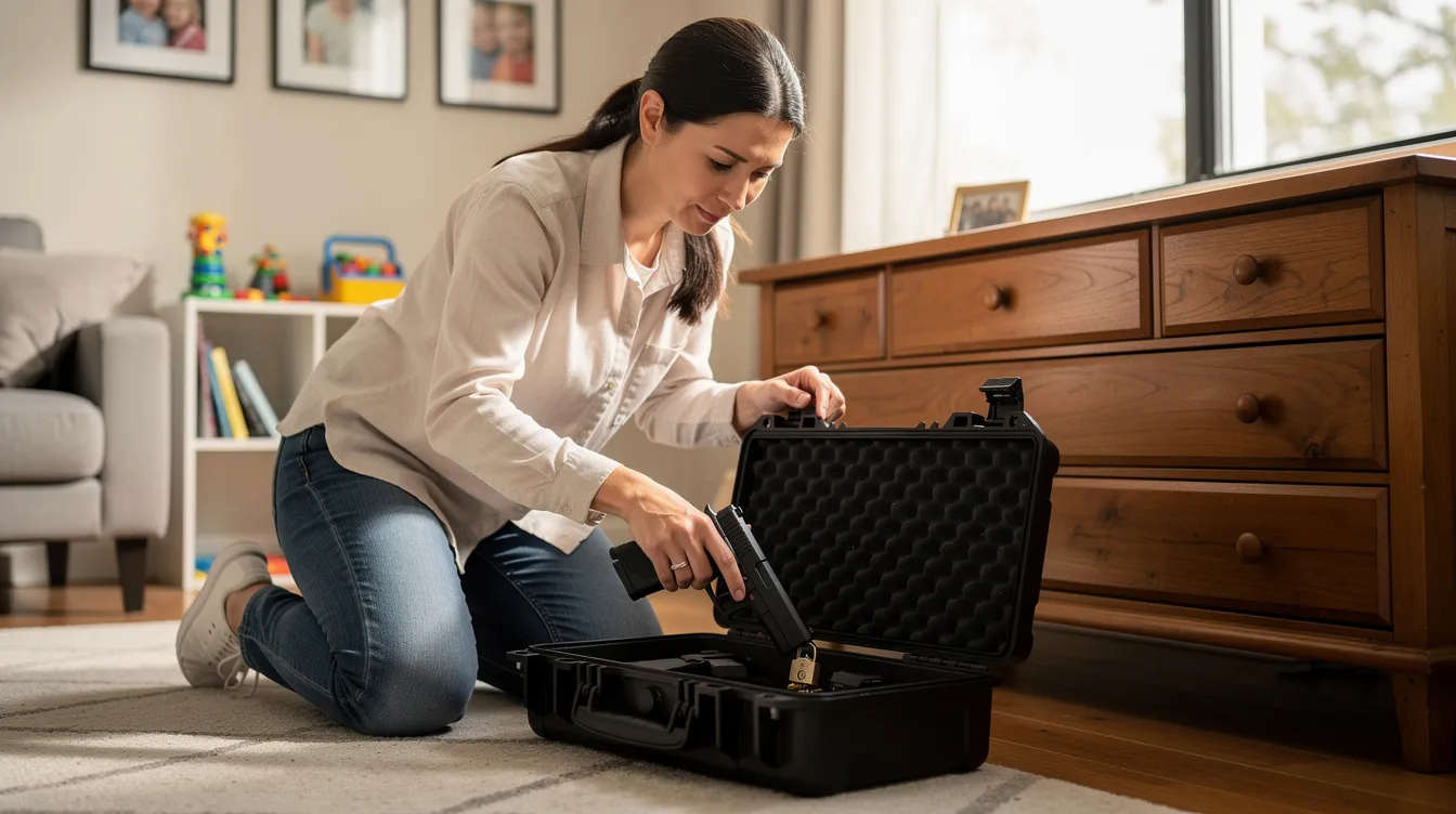 The image depicts a responsible adult carefully securing a handgun in a locked case at home, emphasizing the importance of household firearm ownership and safety. This scene highlights the need for strong gun safety laws to prevent gun deaths and ensure lawful possession of firearms.