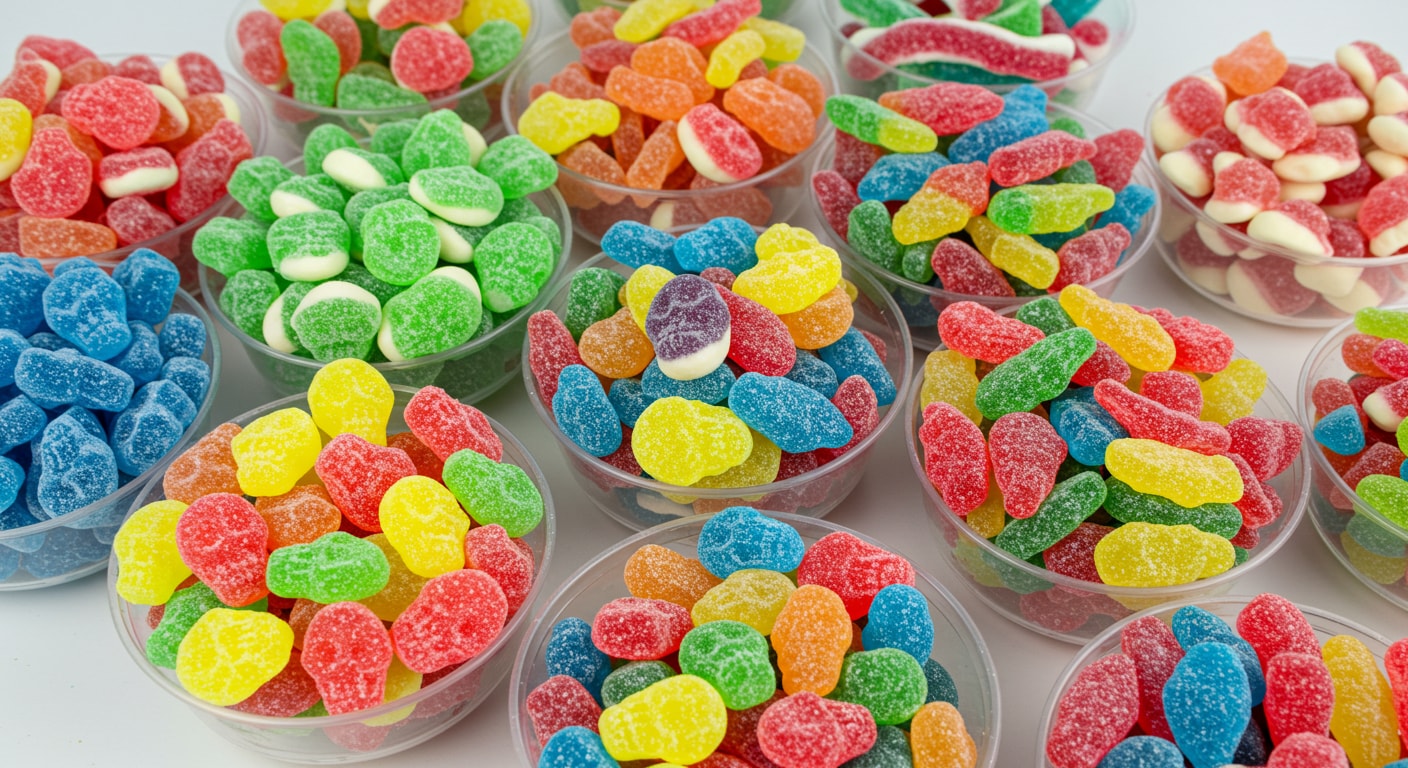 Many different types of sweet and sour Swedish candies