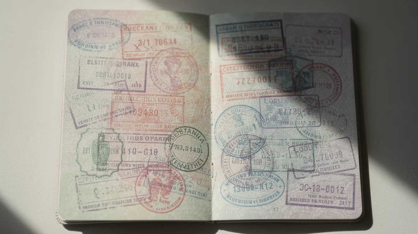 The image features a close-up view of an open passport filled with vibrant visa stamps, showcasing various visa types and approval statuses. This visual representation highlights the intricate details of the passport, which is essential for tracking your US visa status and navigating the visa application process.
