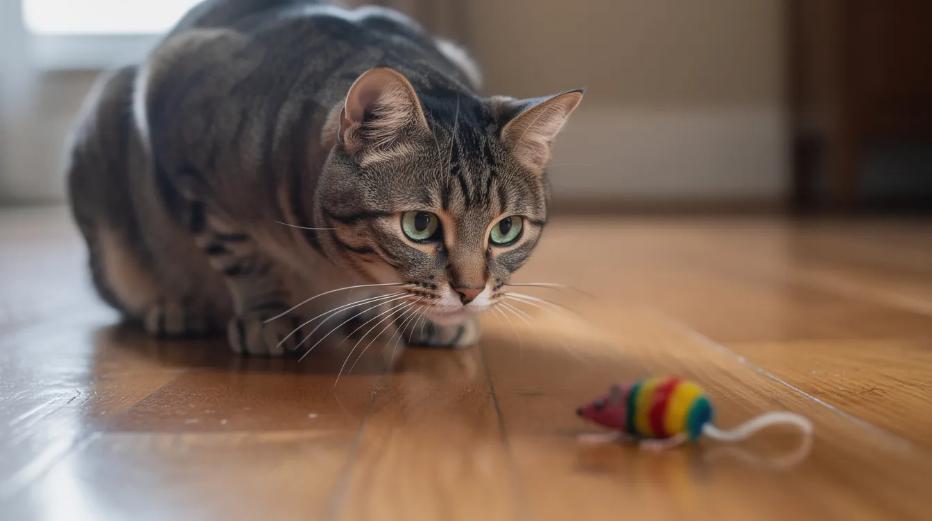A tabby cat is crouched low on a hardwood floor, intently watching a small remote control cat toy that is moving just ahead of it. This scene captures the cat's natural hunting instincts as it prepares to pounce, showcasing the toy's ability to provide mental and physical stimulation for indoor cats.