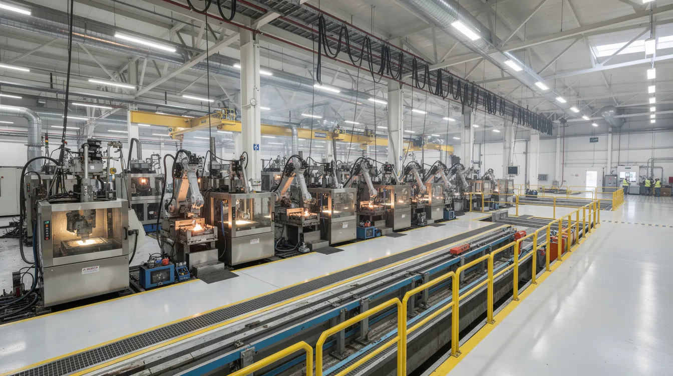 The image depicts the interior of a large die casting factory floor, showcasing rows of industrial casting machines and robotic arms engaged in the die casting process. This advanced facility highlights the precision and efficiency of aluminum die casting and other metal casting processes, reflecting the impressive annual production capacity of a leading casting manufacturer.