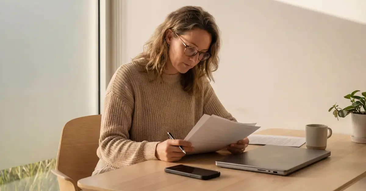 Woman reviewing tax documents, concerned about the failure to file penalty.
