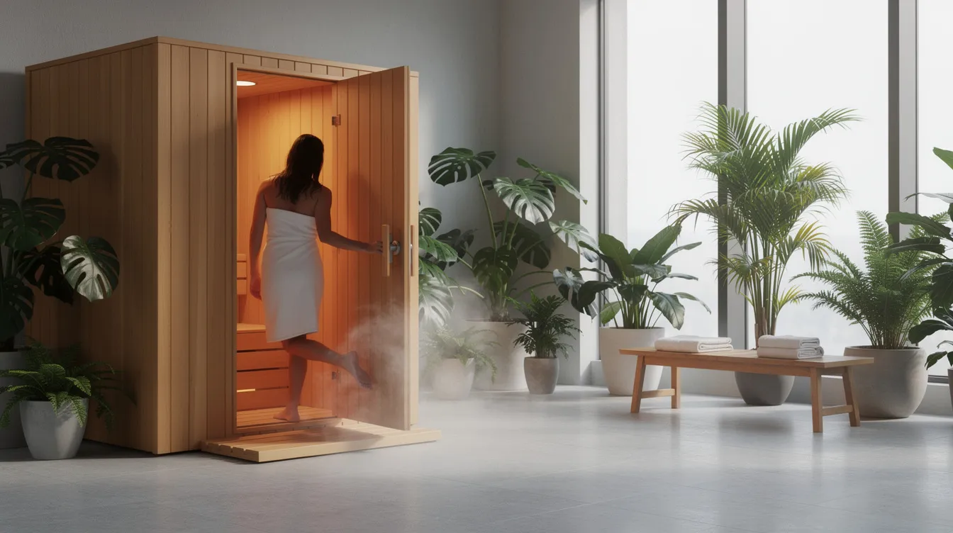 A person is stepping out of a cedar sauna cabin into a modern wellness room filled with vibrant plants, showcasing a relaxing indoor environment ideal for sauna sessions. The warm wooden tones of the cedar sauna contrast beautifully with the greenery, enhancing the overall serene atmosphere.