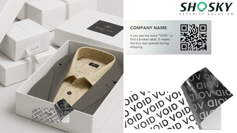 Close-up view of a tamper-evident label displaying 'VOID' when box security is compromised