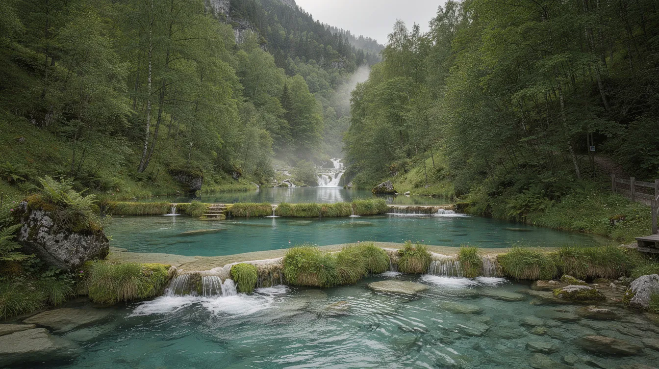 A imagem mostra lagos em cascata rodeados por uma vegetação densa, característicos de um parque nacional europeu, possivelmente na Croácia. A cena transmite uma sensação de tranquilidade e beleza natural, com a água fluindo suavemente entre as rochas e árvores exuberantes.