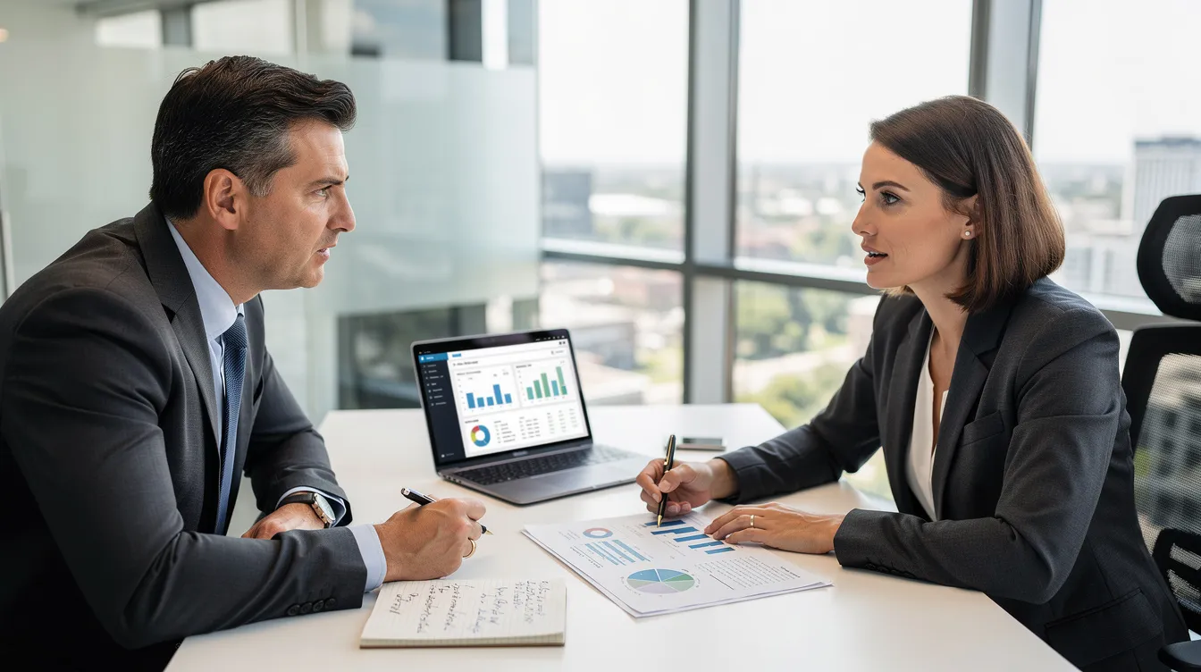 The image depicts a professional meeting between an investor and a tax advisor at a desk, where they are discussing strategies for maximizing tax savings through cost segregation studies and accelerated depreciation for real estate investments. The atmosphere is focused and collaborative, highlighting the importance of effective tax strategies for property owners and real estate investors.
