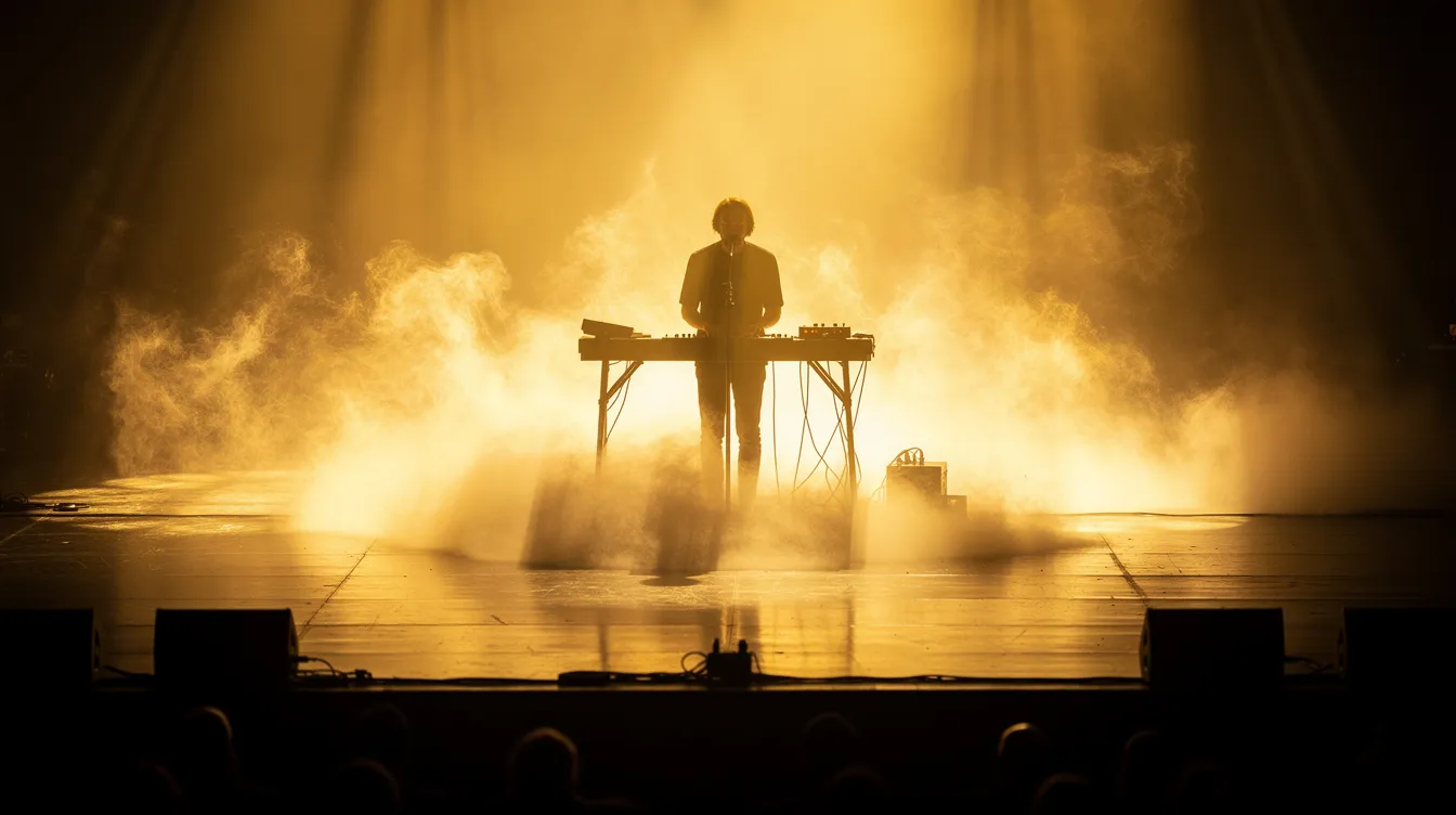 Die dramatische Bühnenansicht zeigt einen Musiker, der an einem elektronischen Instrument spielt, umgeben von warmem, goldenem Licht und Nebel. Diese Atmosphäre erinnert an die eindrucksvolle Filmmusik von Hans Zimmer, der für zahlreiche preisgekrönte Soundtracks bekannt ist.