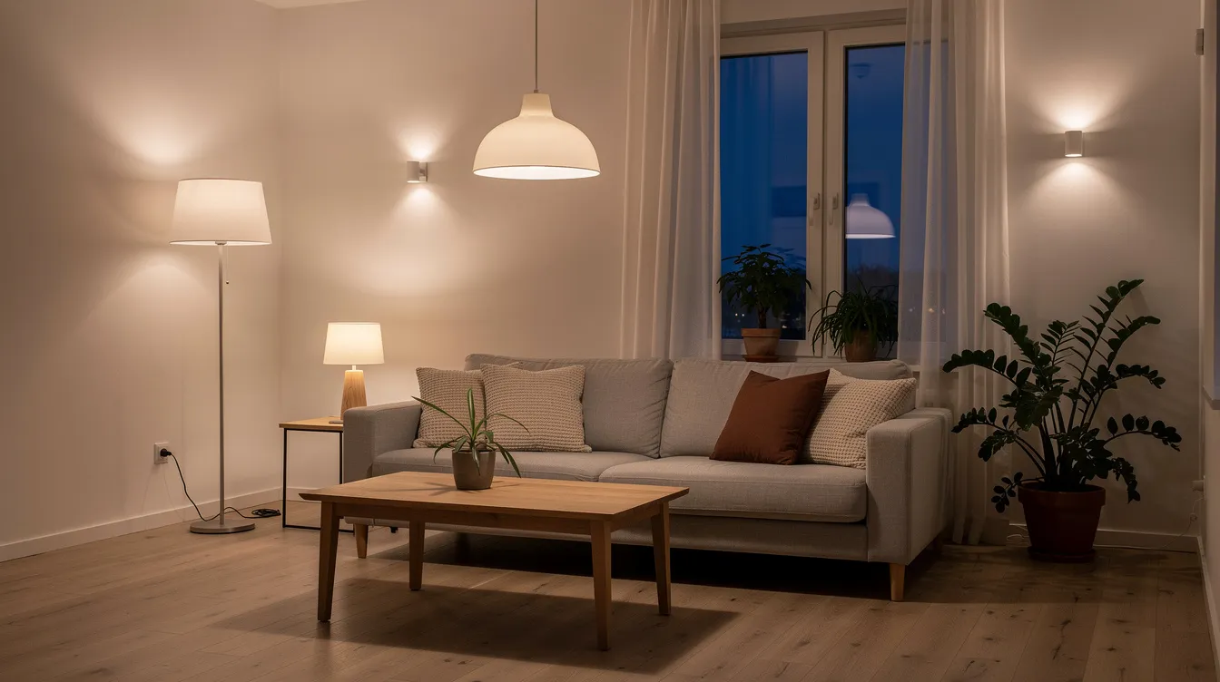 Ett skandinaviskt vardagsrum med flera snygga lampor i olika höjder, belyst av varmt kvällsljus som skapar en mysig stämning. Rummet har en modern design och belysningen ger en inbjudande atmosfär som passar perfekt för avkoppling.