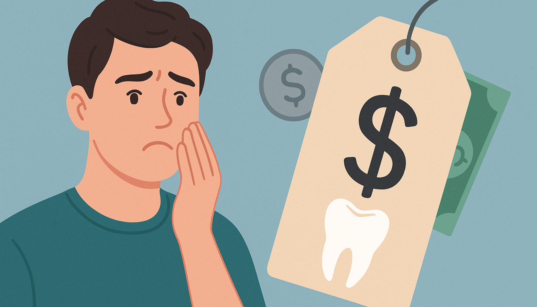 Illustrasjon av mann med tannverk som ser bekymret på høy tannlegekostnad symbolisert med dollartegn.
