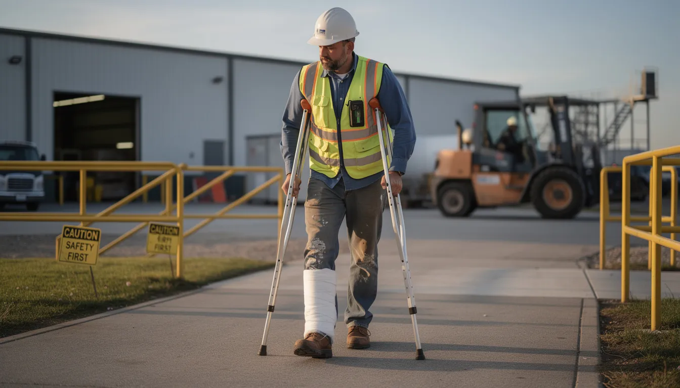 The image shows an injured worker using crutches while carefully navigating outdoors, highlighting the challenges faced during recovery after an injury. This scene reflects the realities of a workers compensation claim process, where the individual's mobility and activities may be monitored for evidence in relation to their claim.