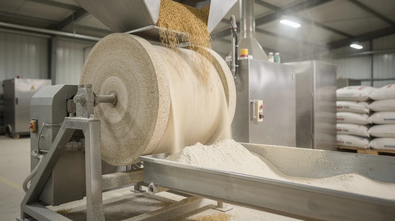 683feeaf 918c 408c a953 0f7971814689 An industrial stone disc atta chakki grinding machine is actively grinding wheat kernels inside a flour mill, with fresh wheat flour flowing out of the machine. This scene highlights the wheat flour manufacturing process, showcasing the efficiency and technology used in the milling industry to produce high-quality whole wheat flour.