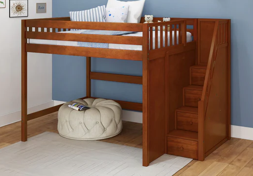 wooden loft bed with stairs