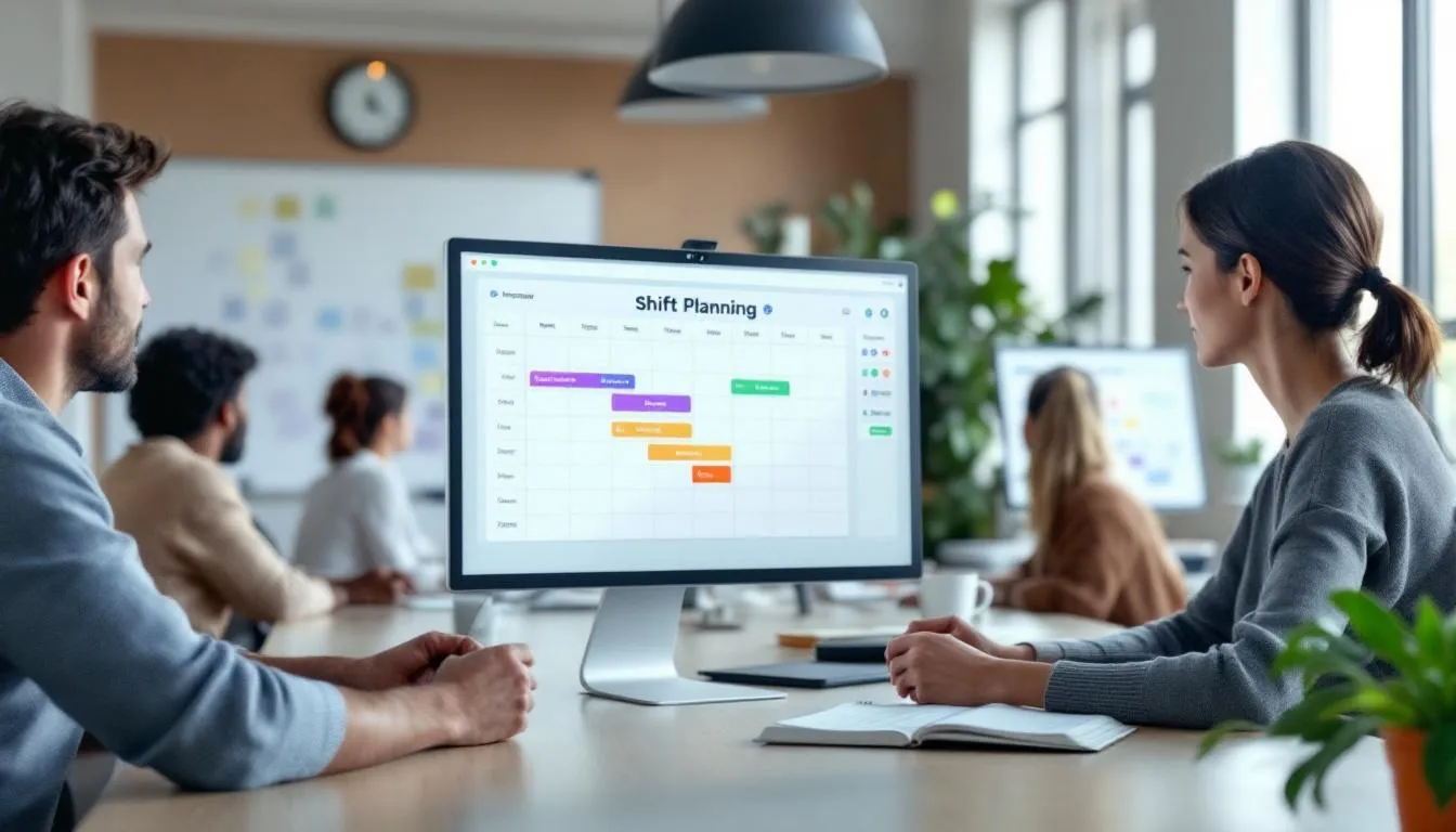 In der Abbildung sieht man einen Arbeitgeber, der eine digitale Schichtplanung für Mitarbeiter erstellt, um die Organisation von Remote Work im Unternehmen zu optimieren. Der Bildschirm zeigt eine benutzerfreundliche Softwareoberfläche, die es ermöglicht, Arbeitszeiten und Schichten flexibel zu verwalten, was die Vorteile von ortsunabhängigem Arbeiten und eine bessere Work-Life-Balance fördert.