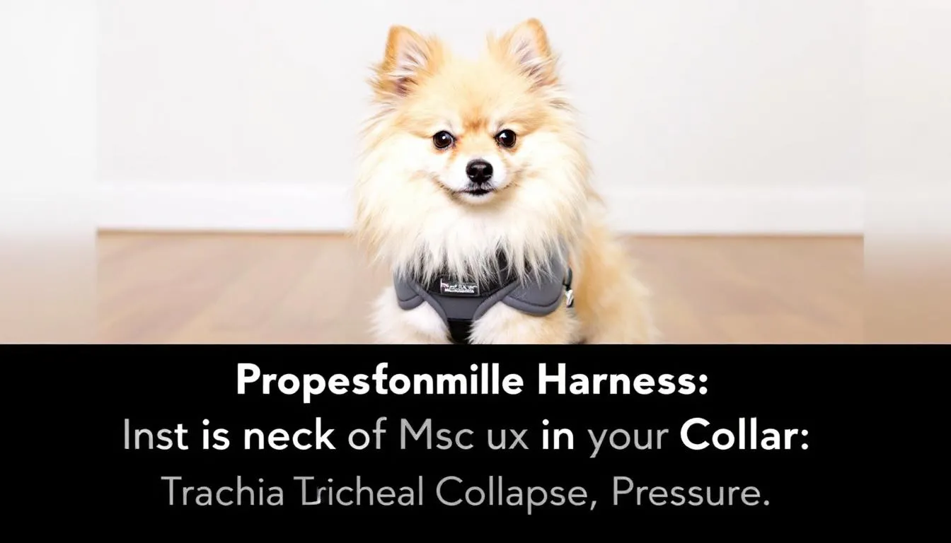 A dog is wearing a comfortable harness instead of a collar, which is essential for managing tracheal collapse in dogs. This harness helps avoid putting pressure on the dog