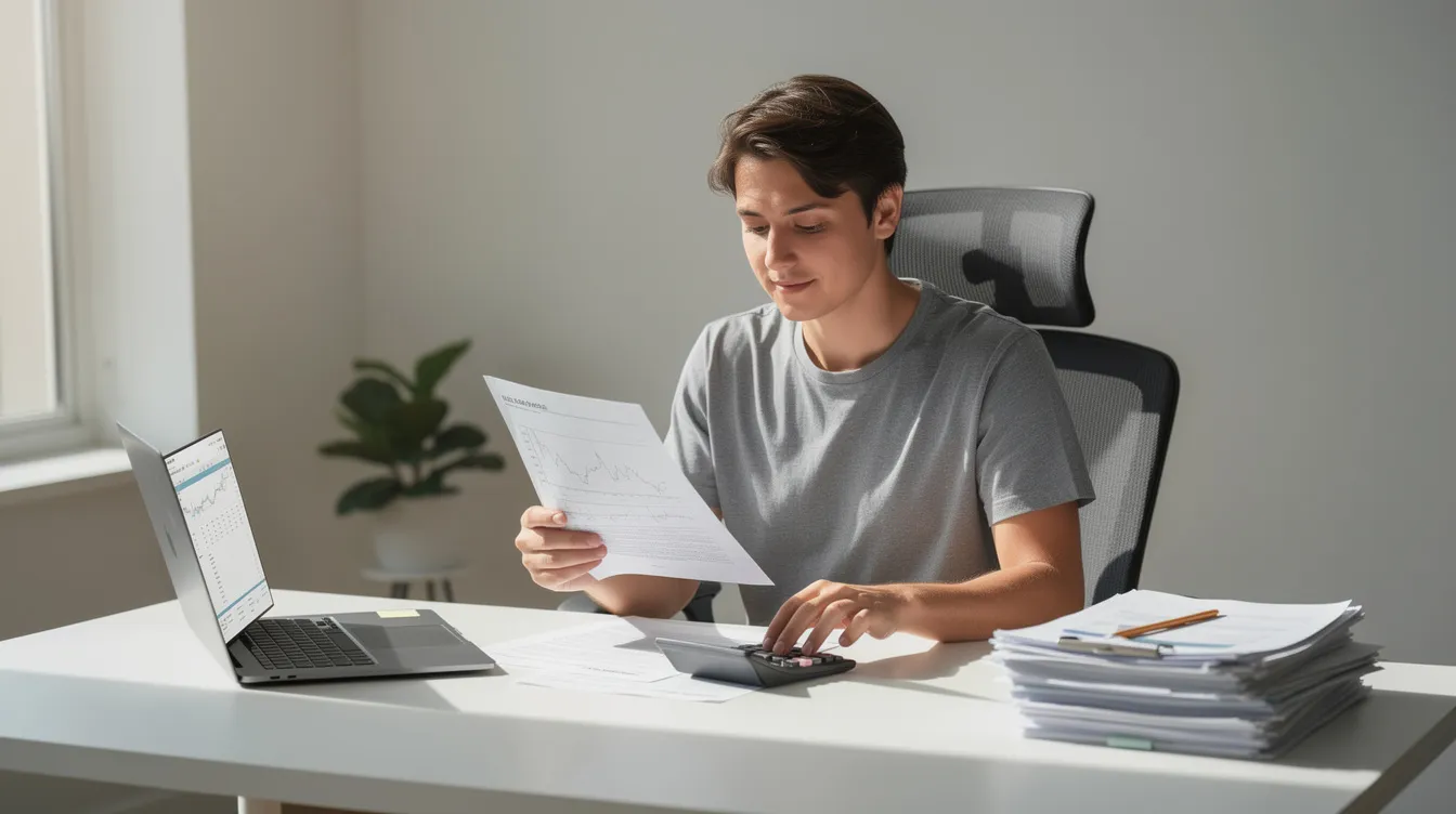 A focused individual is seated at a clean desk, reviewing documents with a laptop and a calculator, exuding a calm demeanor. The scene suggests a diligent approach to managing their financial situation, possibly involving 清 數 and other financial assessments.