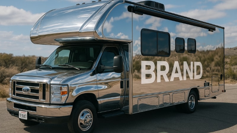 RV wrapped in reflective vinyl wrap