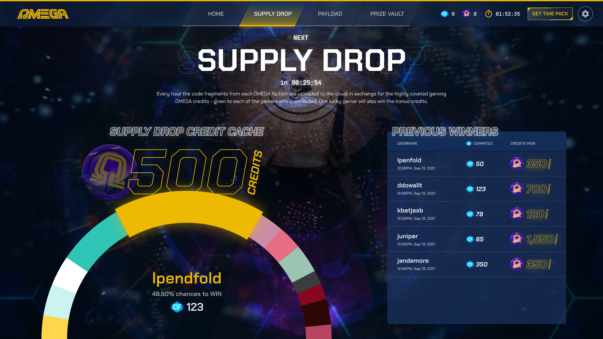 Screenshot of the OMEGA client that shows when is the next Supply Drop