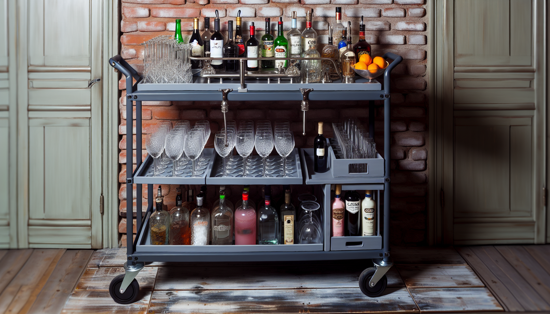 Stylish rolling home bar created from a utility cart