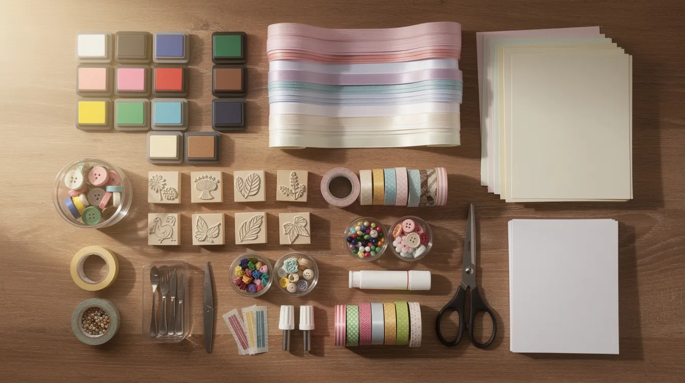 The image features a neatly organized array of craft supplies on a wooden table, including various self-inking stamps, colorful ribbons, and an ink pad, ideal for users looking to create detailed artwork or customized designs. The clean layout showcases the quality and flexibility of the items, perfect for crafting enthusiasts.