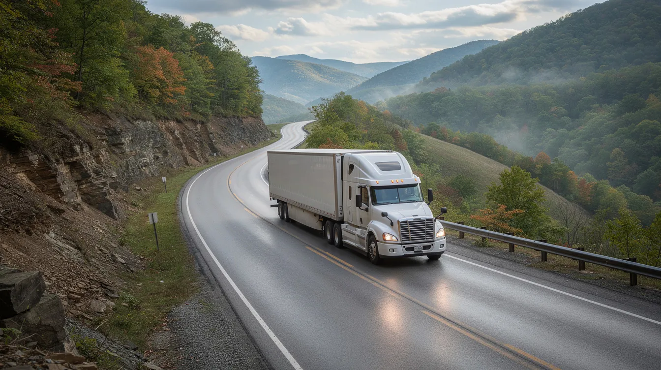 A transport truck is carefully navigating a winding rural mountain road in Kentucky, showcasing the scenic landscape typical of the region. This image highlights the challenges faced by auto transport companies as they manage car shipping services through hilly terrain.