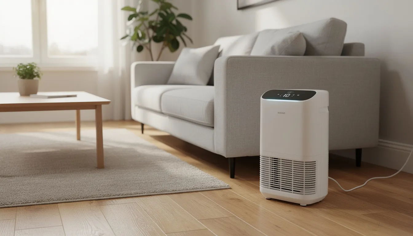 A portable dehumidifier is operating in a residential living room, helping to control moisture and improve indoor air quality by reducing excess humidity. This device is essential for preventing mold growth and addressing potential mold problems in the home.