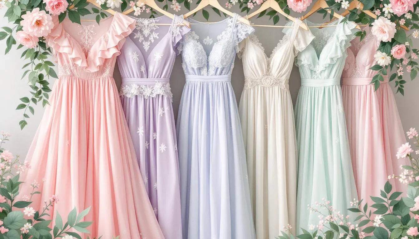 A collection of wedding guest dresses displayed on a rack.