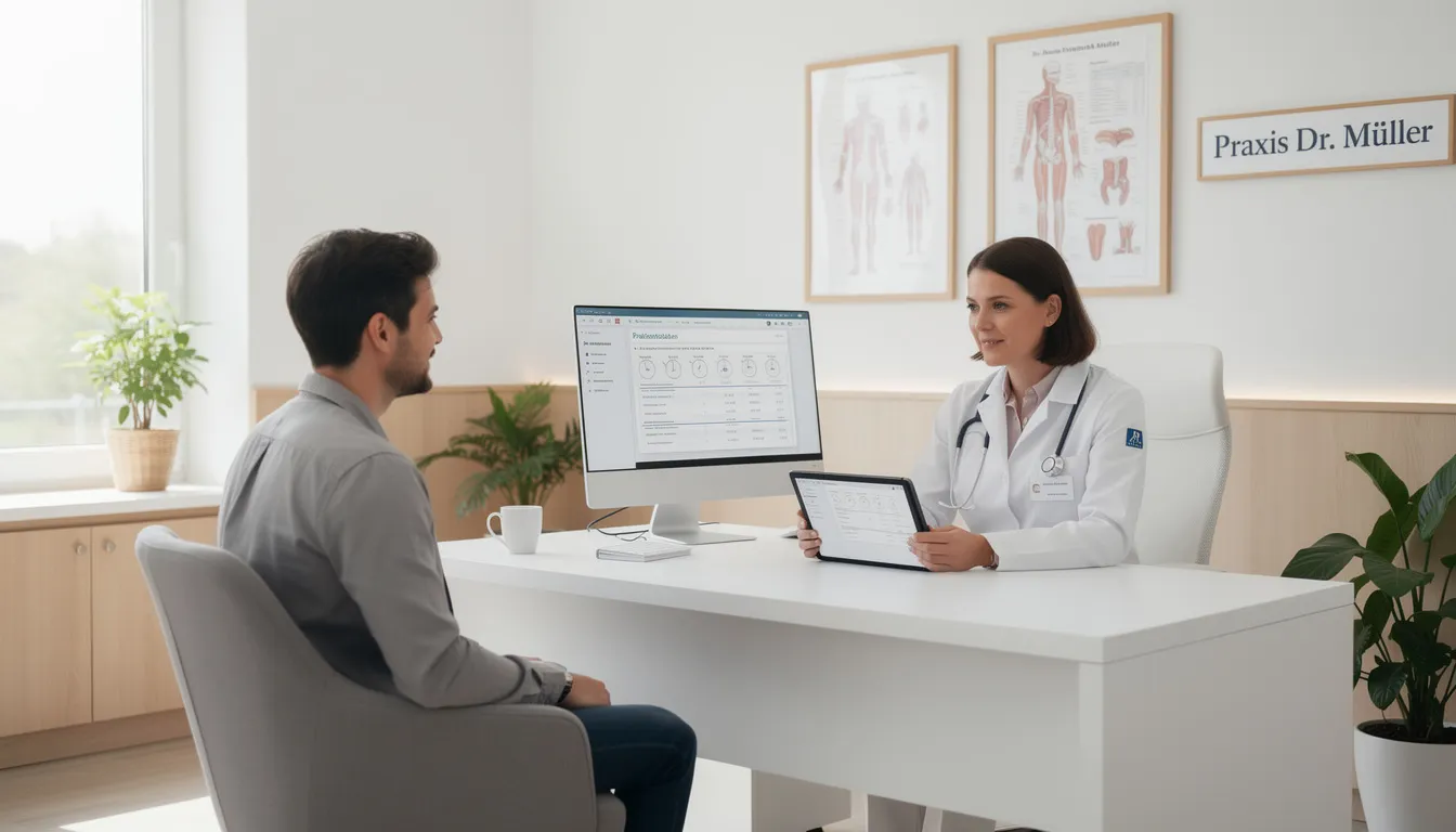 Ein Patient führt ein Beratungsgespräch mit einem Arzt in einer hellen, modernen Praxis, während sie über medizinisches Cannabis und verschiedene Cannabissorten sprechen, um die beste Behandlung für Erkrankungen wie Multiple Sklerose zu finden. Die Atmosphäre ist freundlich und professionell, was das Vertrauen in die medizinische Versorgung stärkt.