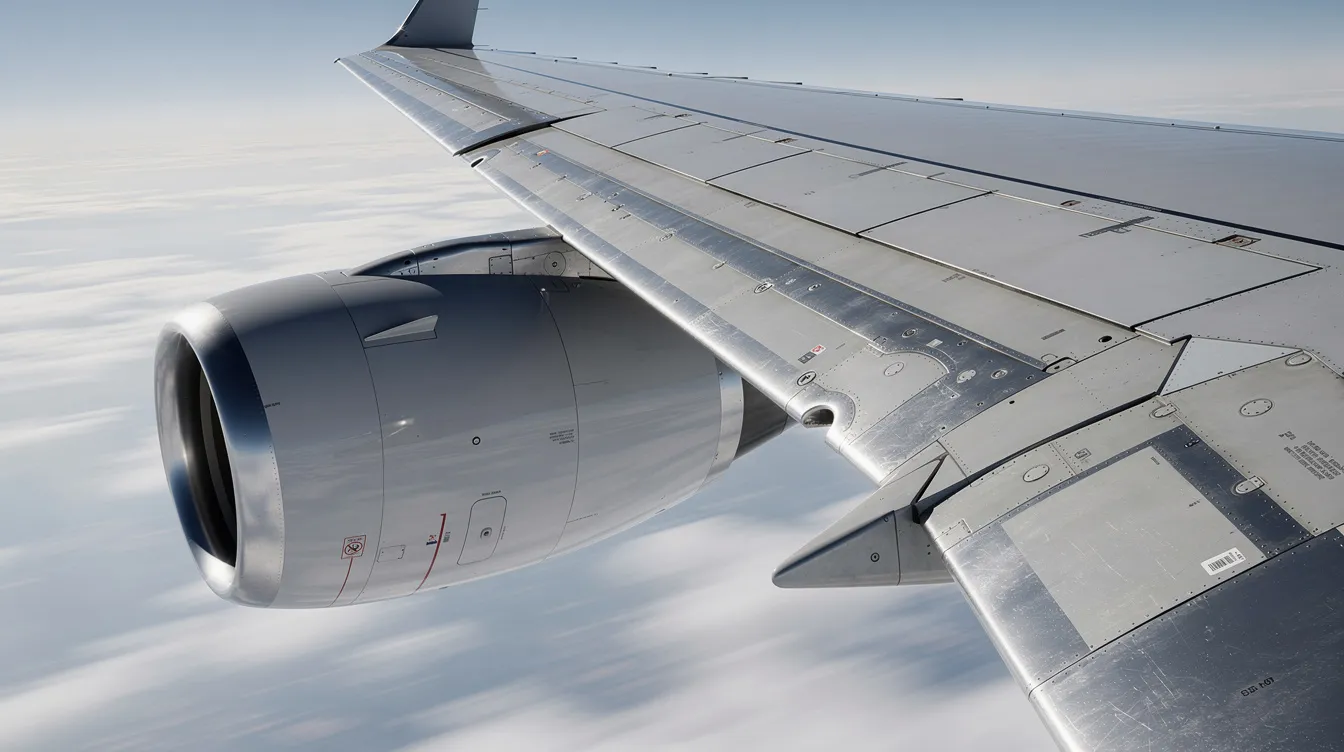 A close-up view of a commercial aircraft wing and engine assembly in flight, showcasing the metallic structural surfaces and riveted panels that highlight the use of aluminum and titanium alloys. This image emphasizes the materials' high strength-to-weight ratio and corrosion resistance, essential for aerospace components operating in high-stress environments.