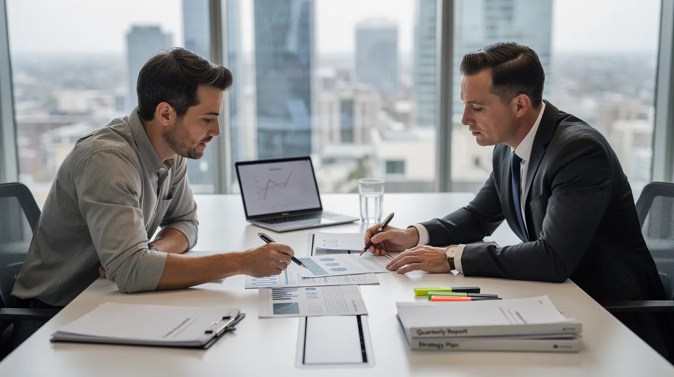 In a conference room, a business owner and their tax advisor are engaged in a discussion, reviewing documents related to tax strategies and financial planning. They are likely exploring ways to reduce taxable income and optimize their tax bill, particularly for high income earners, while considering various tax benefits and deductions.