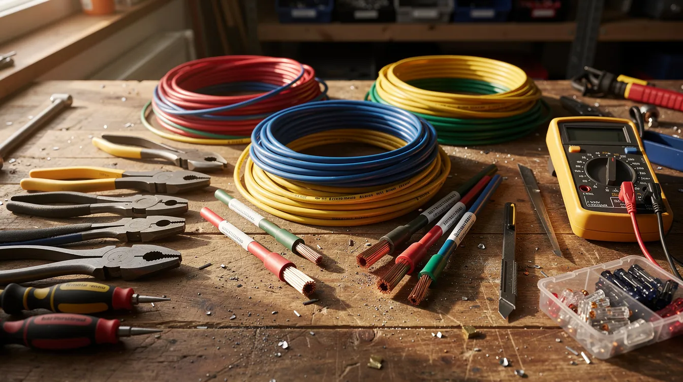 Op de werkbank liggen verschillende gereedschappen en installatiedraden, waaronder twee zwarte schakeldraden en een blauwe nuldraad, die gebruikt worden voor de installatie van een wisselschakeling met meerdere schakelaars. Deze setup kan fouten voorkomen bij het aansluiten van de tweede wisselschakelaar in een hotelschakeling.