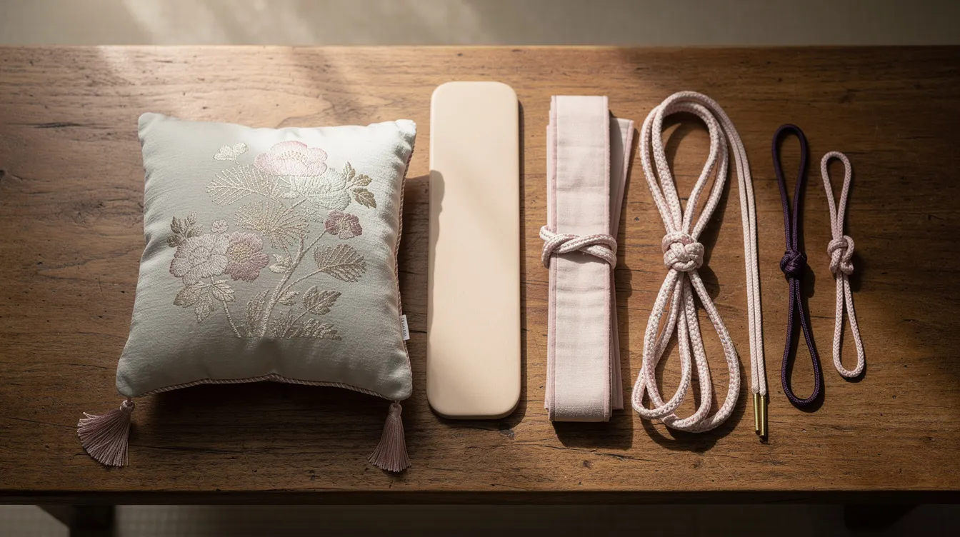 The image features several obi accessories, including a small padded pillow and a flat board, meticulously arranged on a wooden surface, showcasing essential items for proper kimono dressing. These accessories are integral to the traditional Japanese garment, enhancing the elegance of a formal kimono ensemble.