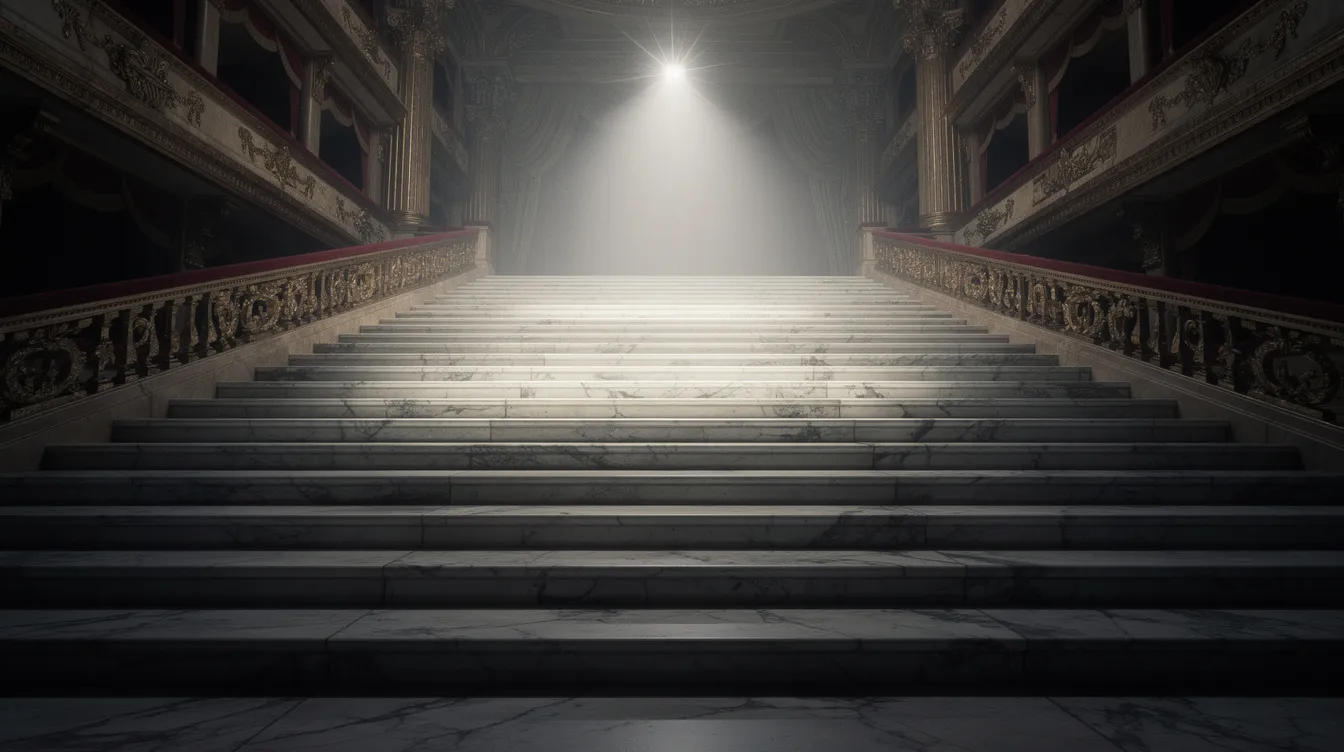 Die symbolische Darstellung zeigt eine steile Marmortreppe in einem prachtvollen Theatergebäude, aufgenommen von unten. Ein einzelner Scheinwerfer beleuchtet den oberen Treppenabsatz, was an die Glanzmomente des Showgeschäfts erinnert, ähnlich wie in "All About Eve", wo Theater und Drama im Mittelpunkt stehen.