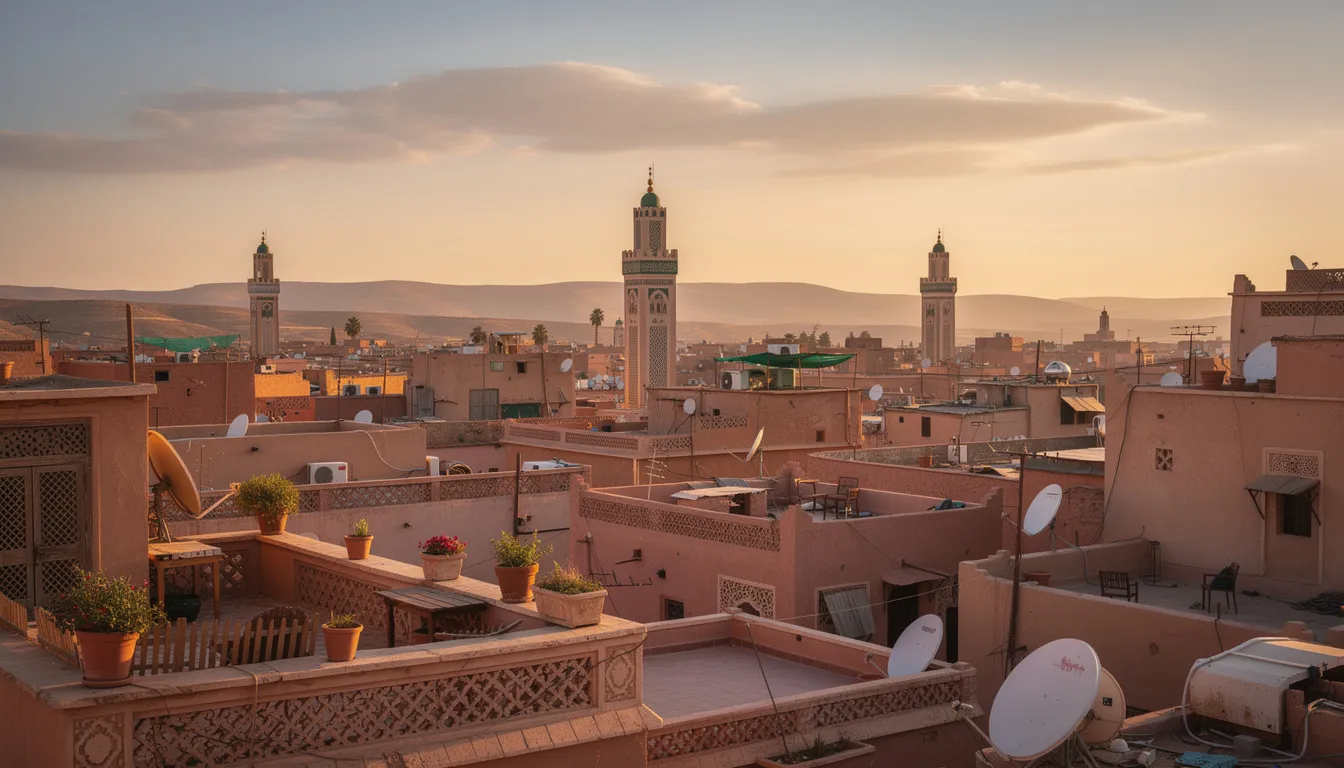 The image depicts a stunning Moroccan city skyline at golden hour, showcasing traditional architecture with ornate details and prominent mosque minarets. This captivating scene reflects the cultural richness that Muslim travelers can explore during their journey, offering a glimpse into the beauty of this vibrant destination.