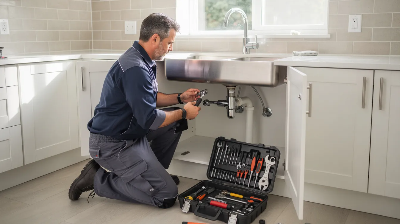 A maintenance technician in work clothes is repairing a kitchen sink fixture inside a clean rental apartment, showcasing the essential property maintenance services provided by a property management company to ensure tenant satisfaction and uphold property value. The technician's work highlights the importance of prompt maintenance coordination in managing rental properties effectively.